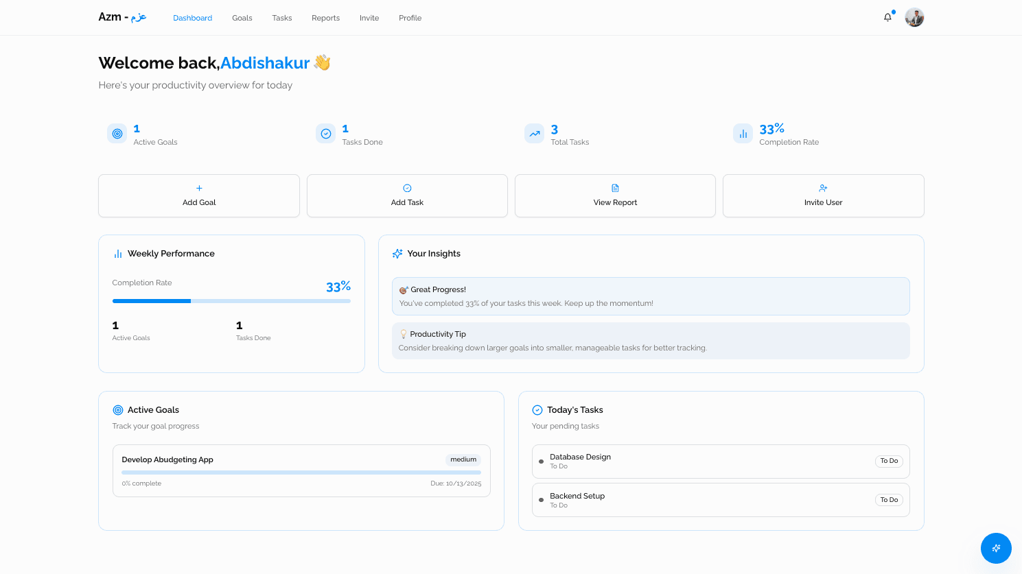 Azm Dashboard - Productivity and Goal Tracking Interface